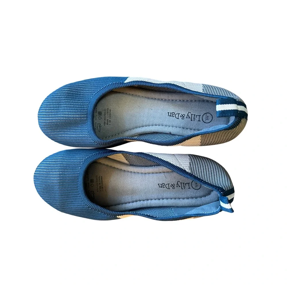 Lily & Dan Kids Girls Knit Ballet Flats Blue Tan‎ White Striped Size 4/5